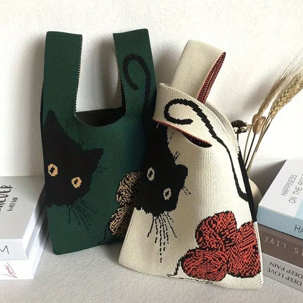 Y2K Trendy Cat Motif Knit Small Tote Bag Cottagecore Animal Lover Witchy Goth - Picture 3 of 6